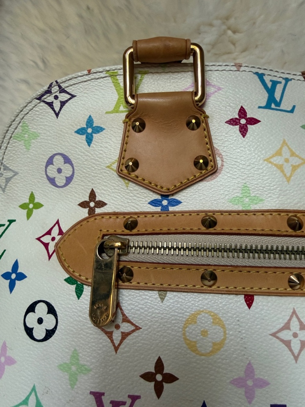 Louis Vuitton White Murakami Multicolor Monogram Alma Satchel with Tan Trim - Picture 2 of 9